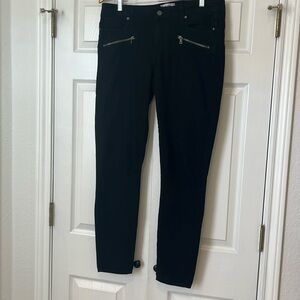 Paige size 32 tapered leg black jeans. Soft and stretchy denim. Hip zippers.